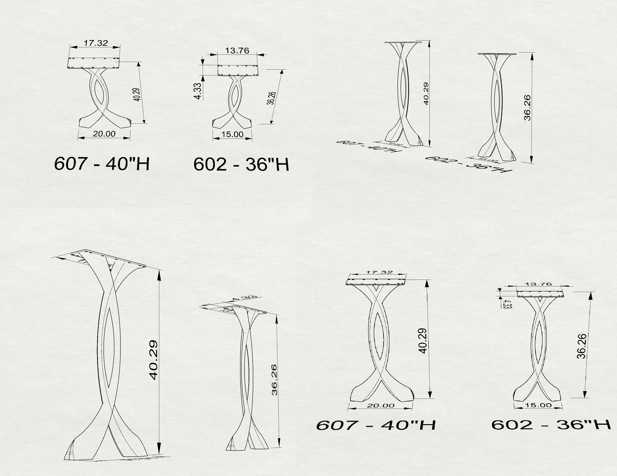 Size chart of 607 Curva 40.3" H counter metal table legs showing dimensions and assembly details.
