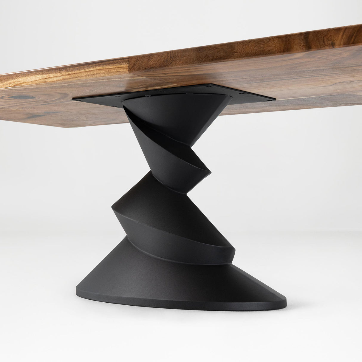 Metal Table Base 340 | 340S Horix 28.5" H – dynamic forward-leaning pedestal base in matte black powder-coated steel. This heavy-duty sculptural metal base provides an oval sturdy foundation (1,000 lbs capacity) in two sizes: Model 340 (16"x16") and Model 340S (34"x18"). A premium DIY steel table base engineered for a heavy live-edge tabletop, marble slab, or wood top.