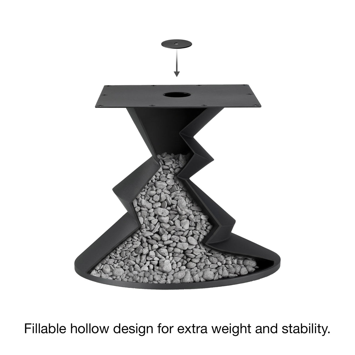 Metal Table Base 340 | 340S Horix 28.5" H – dynamic forward-leaning pedestal base in matte black powder-coated steel. This heavy-duty sculptural metal base provides an oval sturdy foundation (1,000 lbs capacity) in two sizes: Model 340 (16"x16") and Model 340S (34"x18"). A premium DIY steel table base engineered for a heavy live-edge tabletop, marble slab, or wood top.