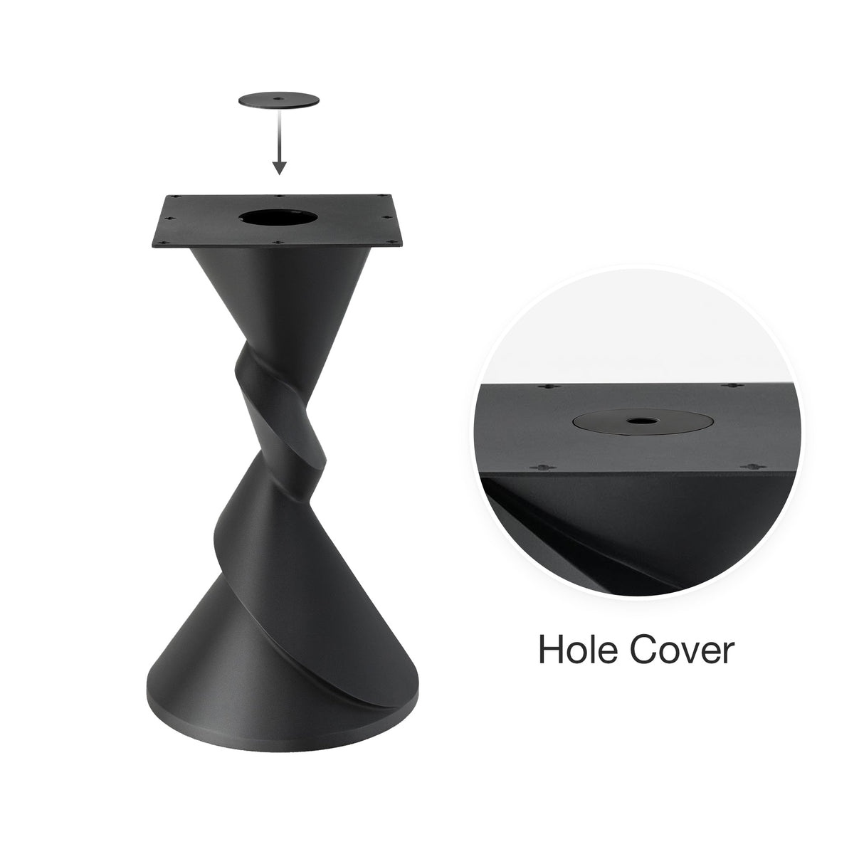 Metal Table Base 340 | 340S Horix 28.5" H – dynamic forward-leaning pedestal base in matte black powder-coated steel. This heavy-duty sculptural metal base provides an oval sturdy foundation (1,000 lbs capacity) in two sizes: Model 340 (16"x16") and Model 340S (34"x18"). A premium DIY steel table base engineered for a heavy live-edge tabletop, marble slab, or wood top.