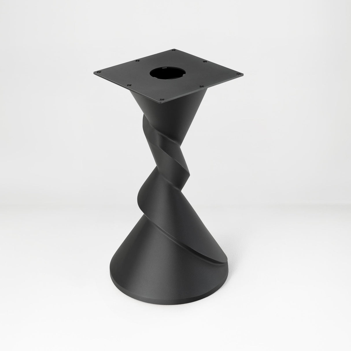 Metal Table Base 340 | 340S Horix 28.5" H – dynamic forward-leaning pedestal base in matte black powder-coated steel. This heavy-duty sculptural metal base provides an oval sturdy foundation (1,000 lbs capacity) in two sizes: Model 340 (16"x16") and Model 340S (34"x18"). A premium DIY steel table base engineered for a heavy live-edge tabletop, marble slab, or wood top.