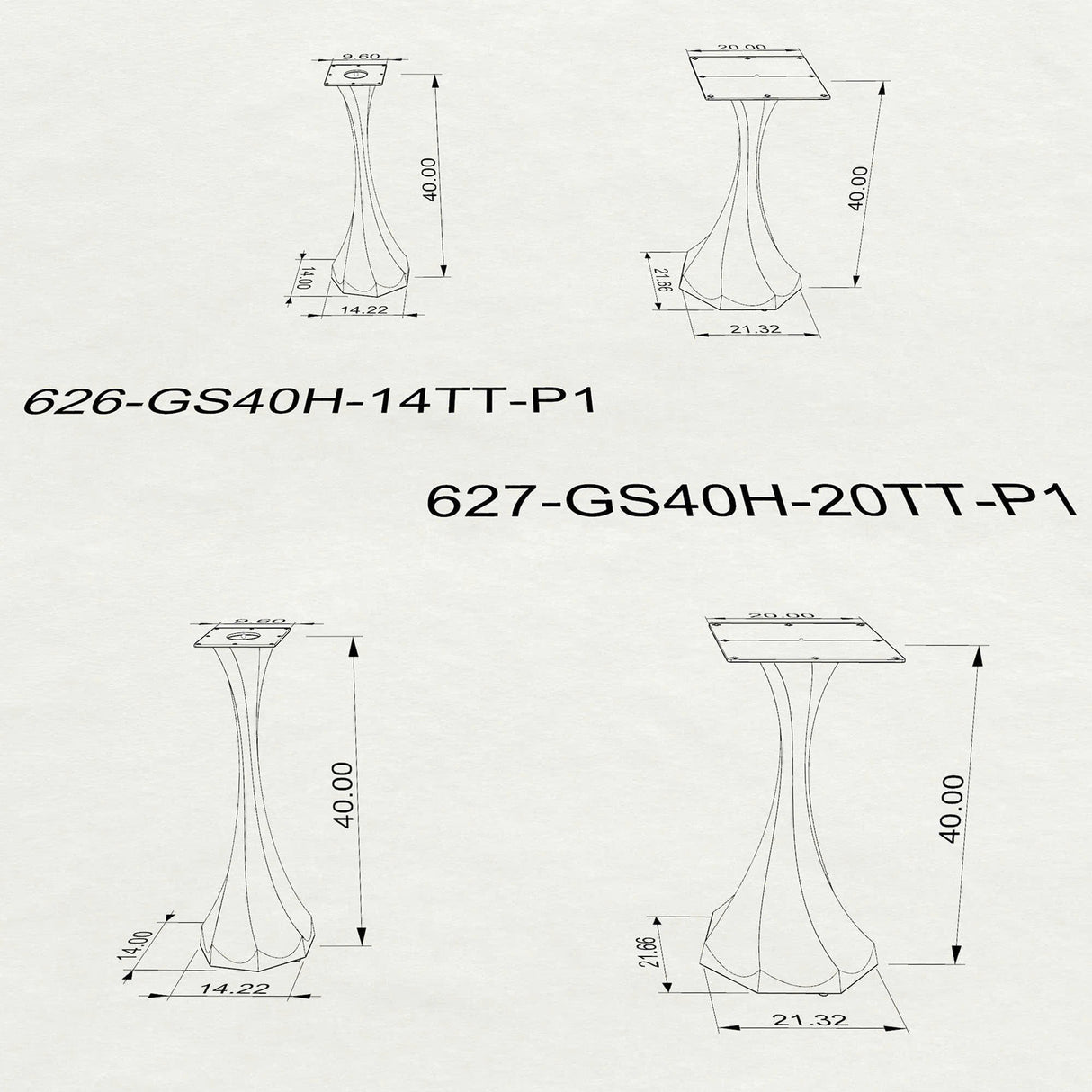 Heavy-duty metal bar table base 626 627 Dimensions