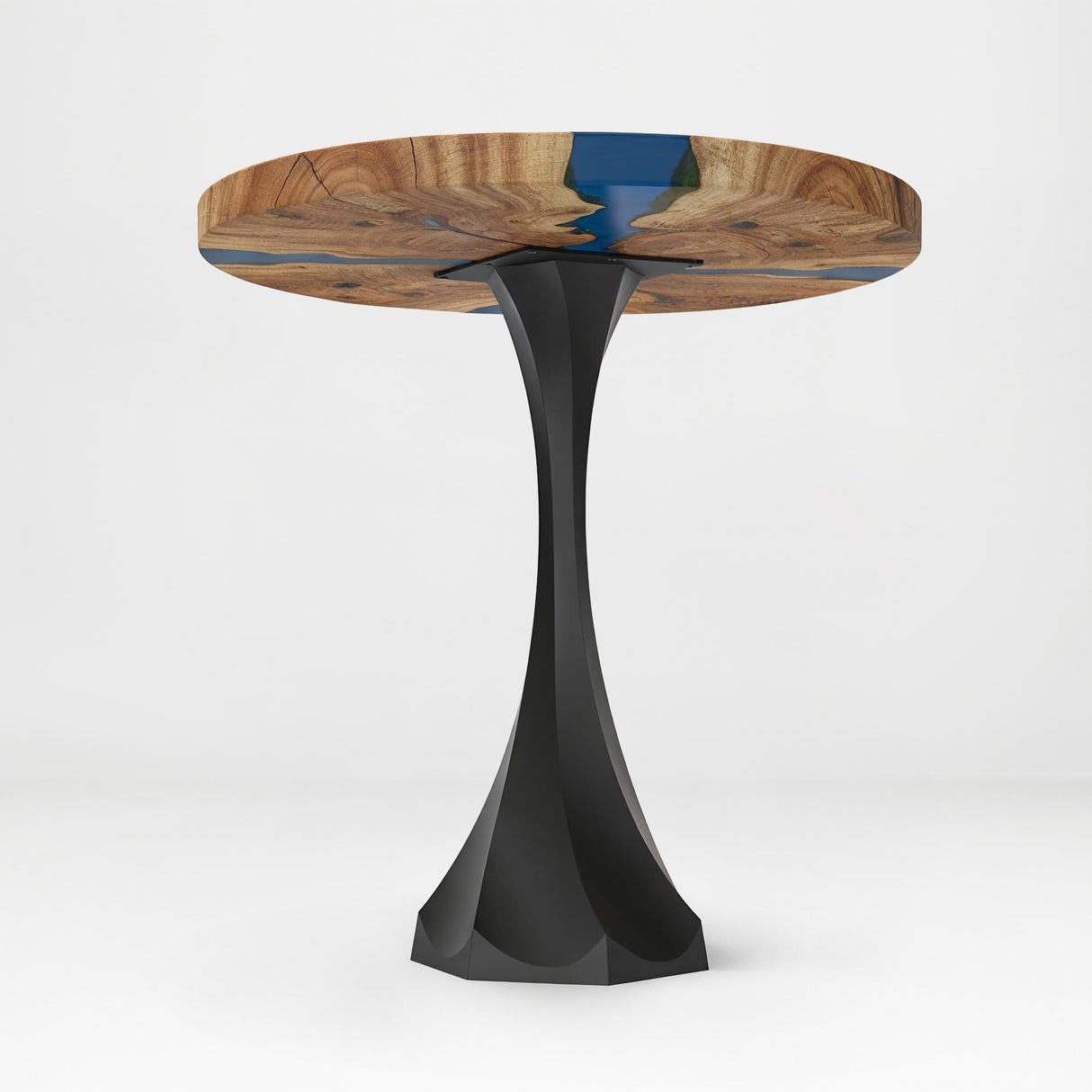 round wooden table with a black metal base