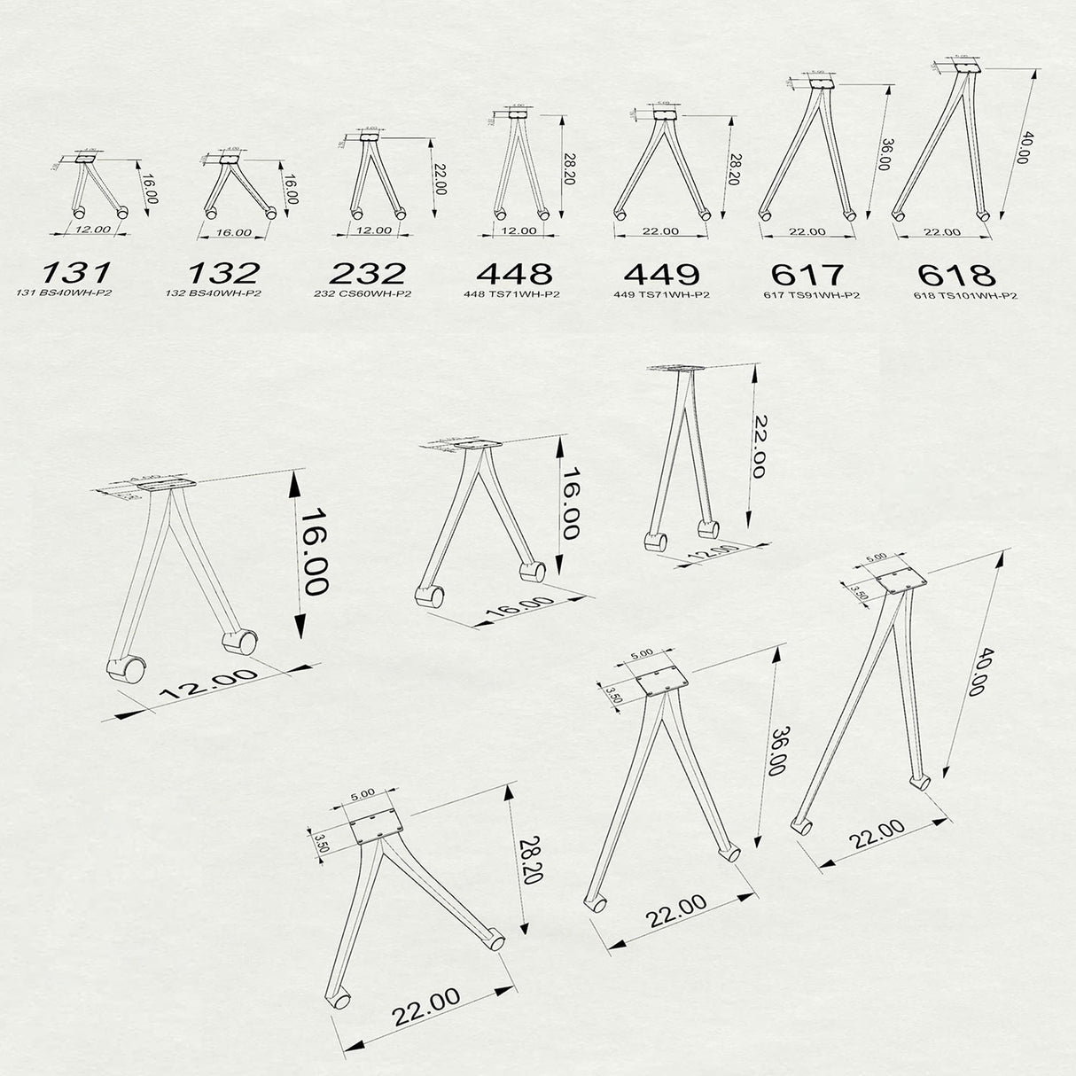 3D drawings of bar table legs 618 Compa with dimensions