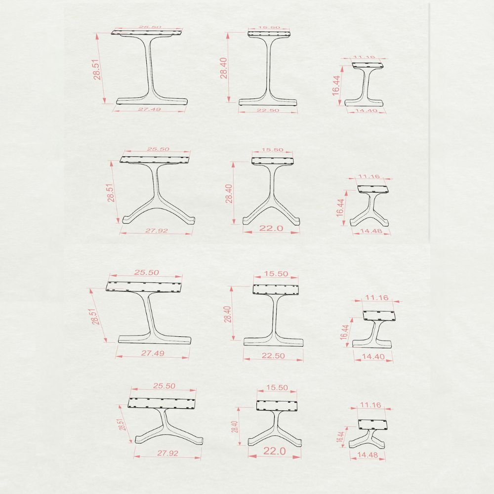 3D drawing of metal bench legs with dimensions on a white background