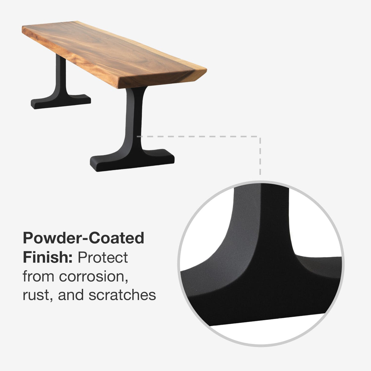 wooden bench with black metal 102 wineglass legs featuring powder-coated finish for durability and rust resistance