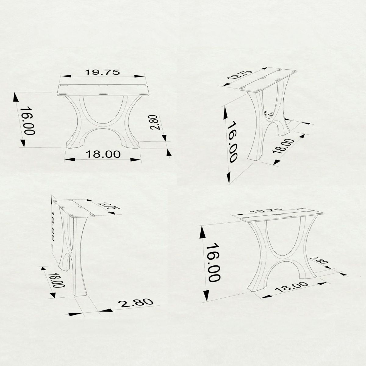 DIY bench legs technical drawing with dimensions - steel bench legs for workbench, outdoor bench, or heavy duty seating