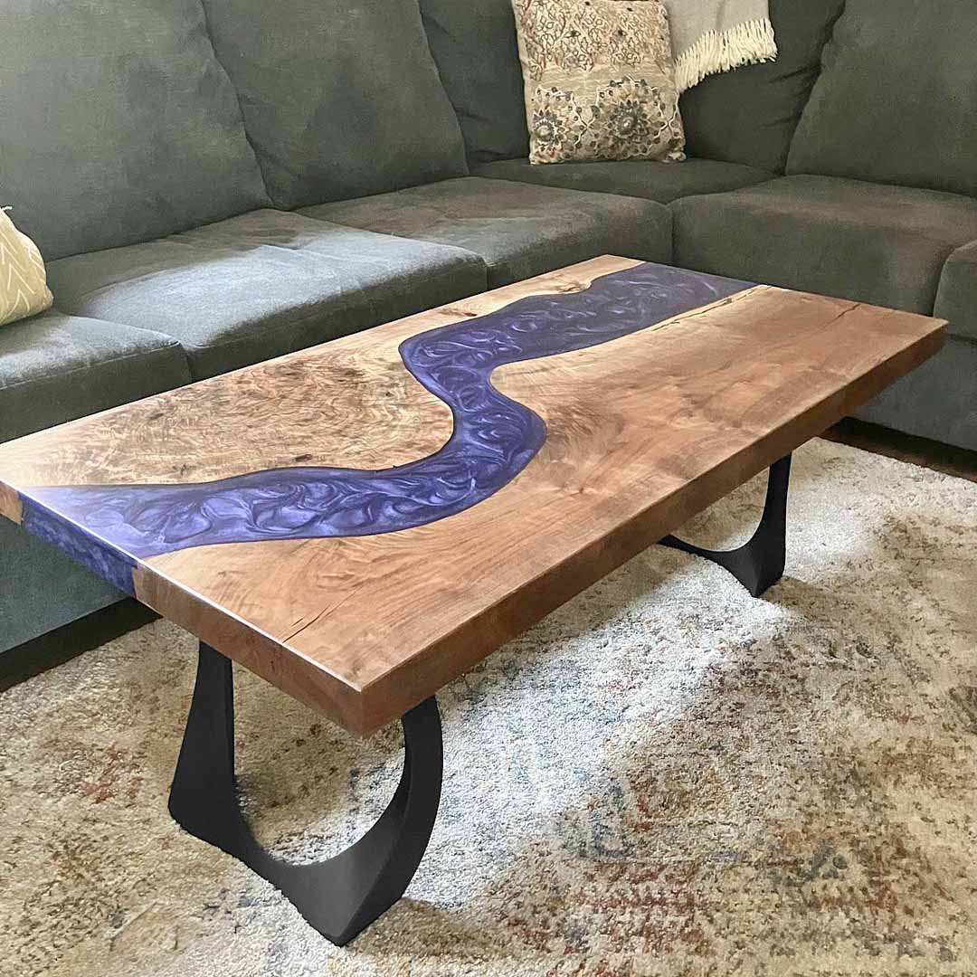 epoxy river live edge bench with metal bench legs – rustic wood and heavy duty steel base