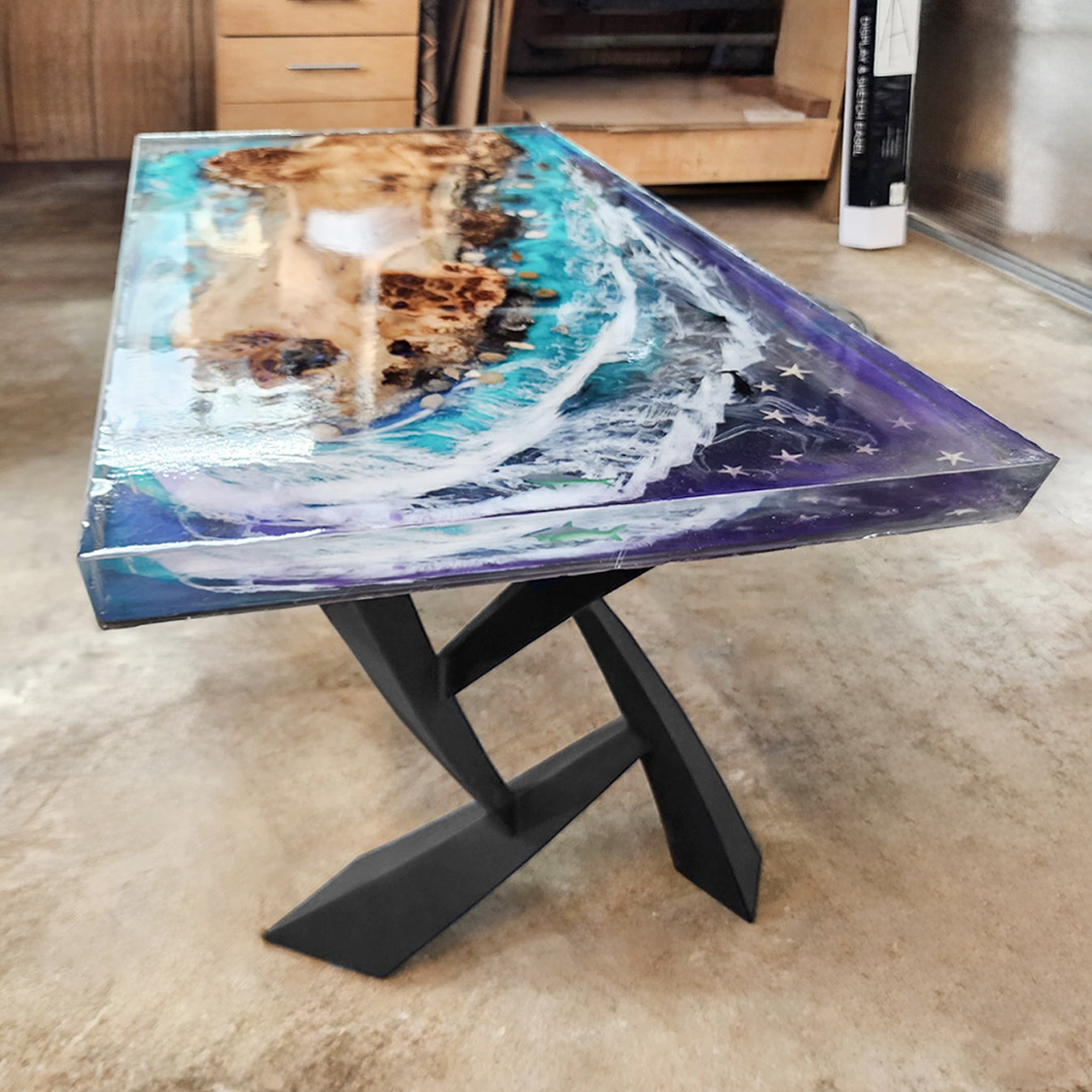 epoxy river live edge bench with X metal legs - durable steel bench legs for modern rustic design