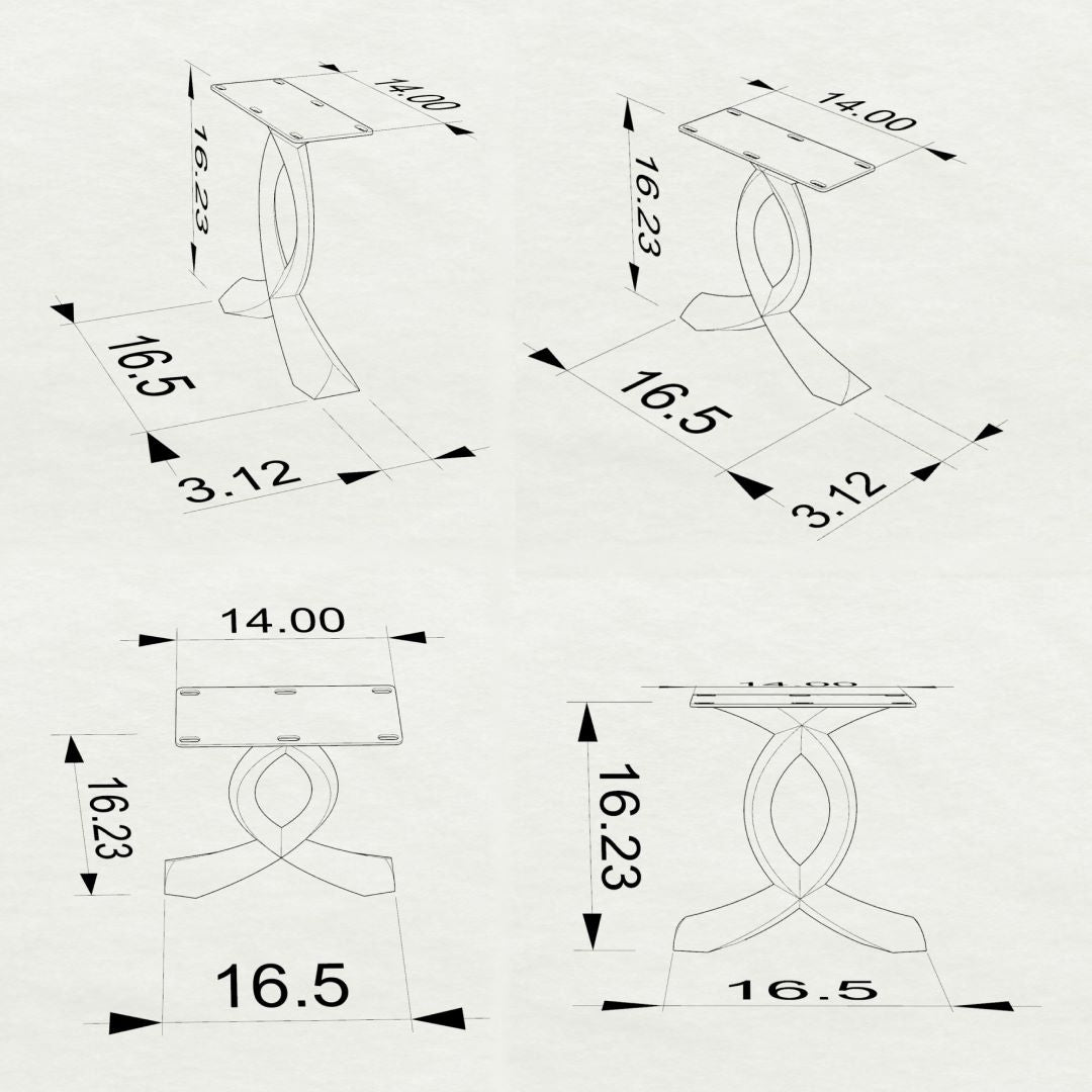 Technical drawing displaying dimensions and mounting layout for metal legs for bench with cruved design.