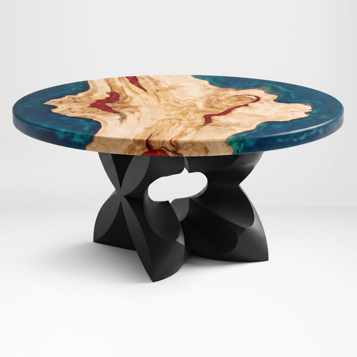 Black Coffee Table Base 134 Chloris Petal 16" H – botanical flower-inspired pedestal base handcrafted from heavy-duty powder-coated steel in matte black. This sculptural metal base features a compact petal silhouette and a sturdy foundation (500 lbs capacity; 16"x16"x16"), specifically engineered to support a heavy live-edge tabletop, round wood top, or marble slab. A premium DIY steel table base that brings an organic, modern statement to luxury living rooms and sunrooms.