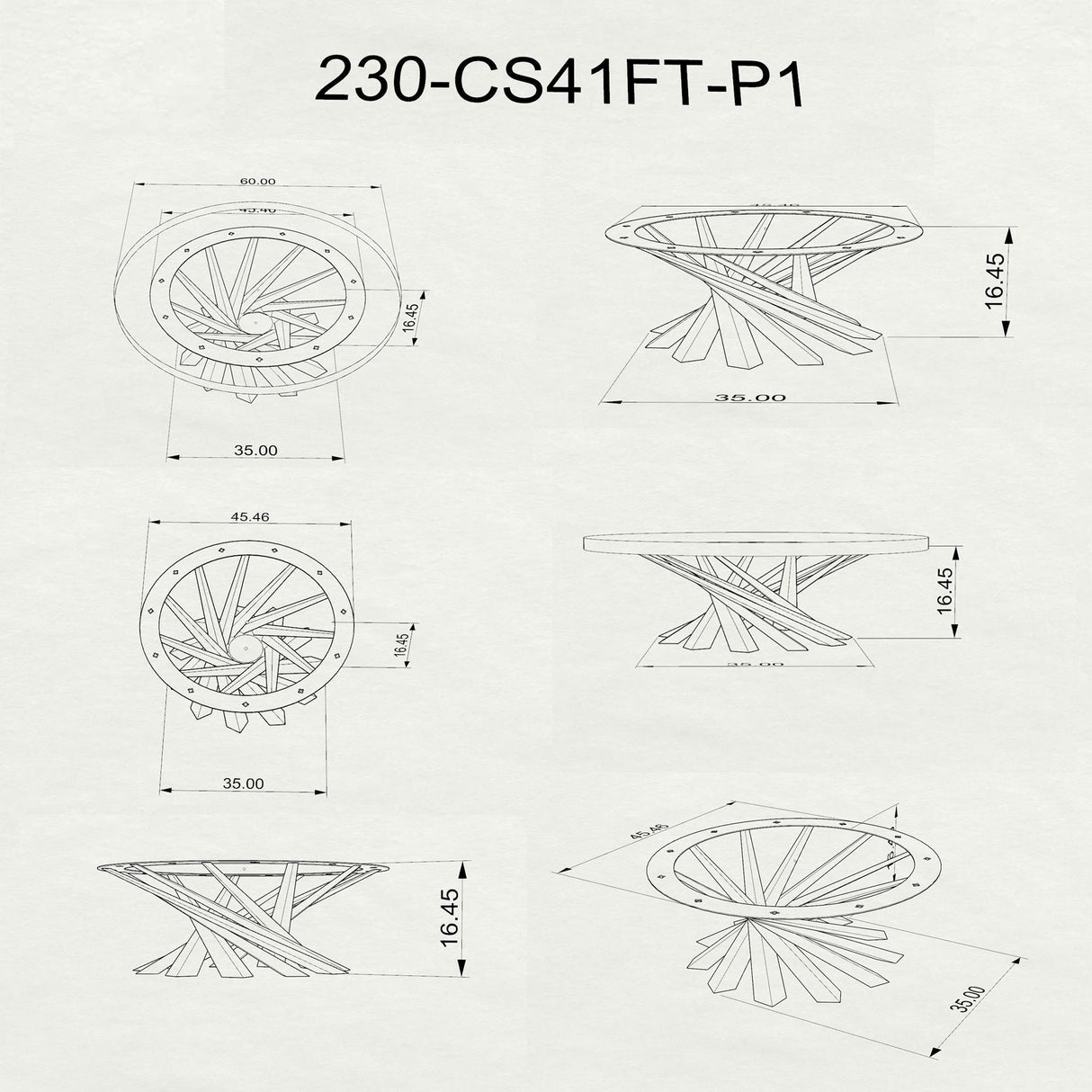 3D drawings of a table legs with dimensions