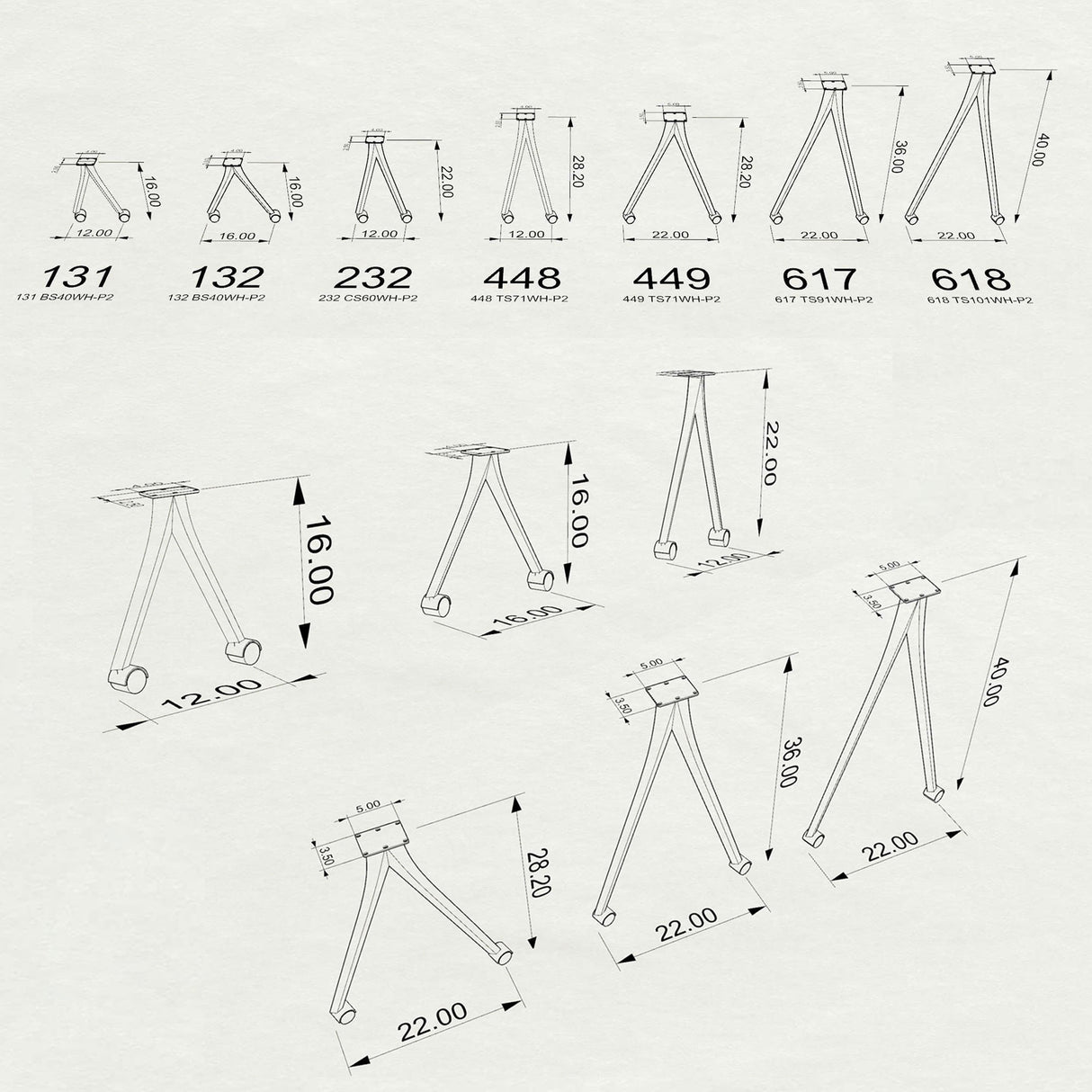 3D drawings of table legs 619 Compa with dimensions