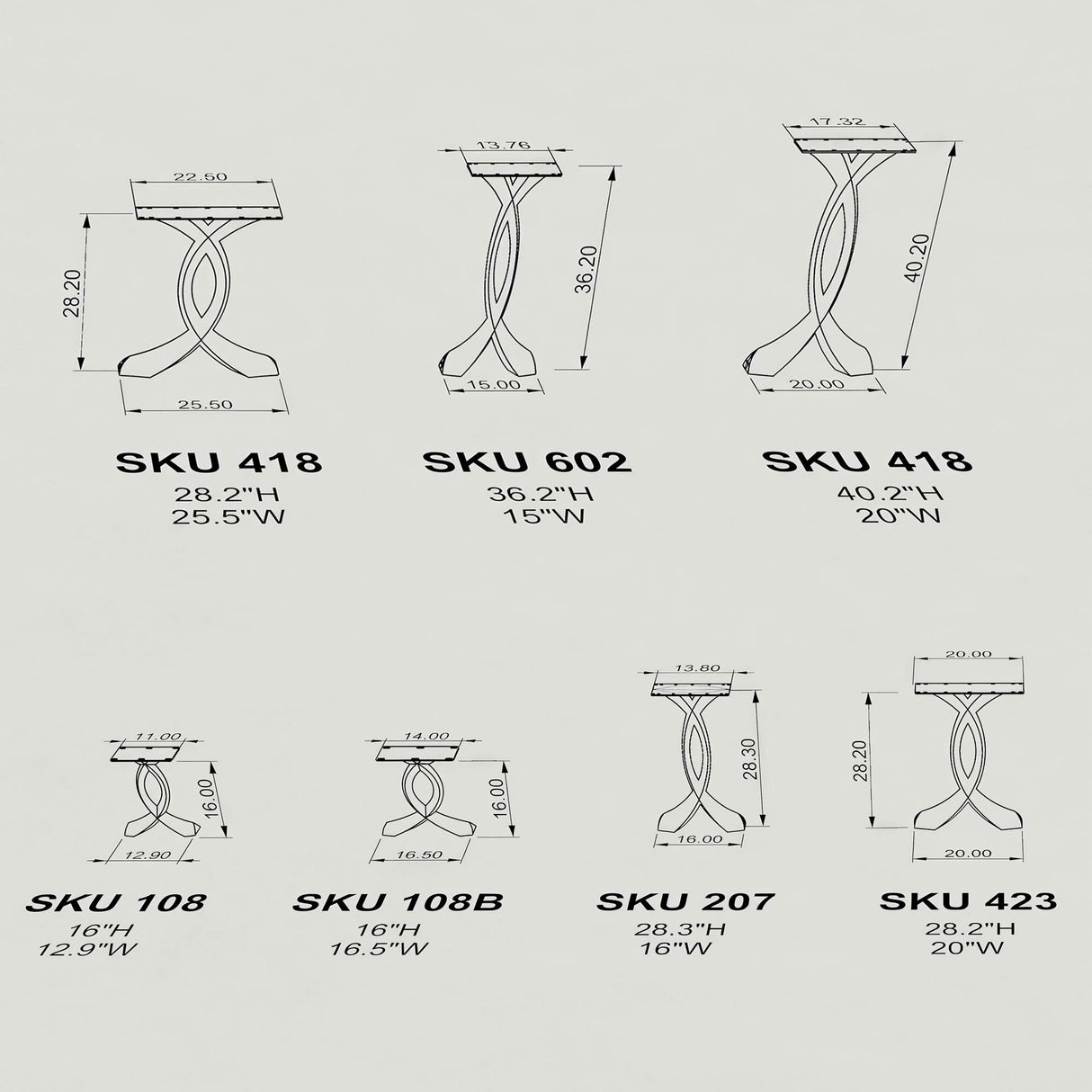 Technical diagram showing hole spacing and dimensions for curved design table legs metal.