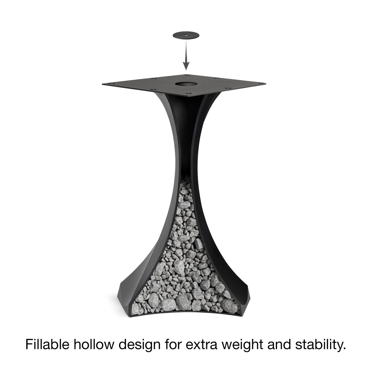 Black Metal Counter Table Base 622 & 623 Lithe 34" H – Scandinavian minimalist pedestal table base featuring a dynamic, flowing silhouette handcrafted from heavy-duty powder-coated steel in matte black. These architectural counter-height bases provide an ultra-sturdy foundation (1,000 lbs capacity) available in 14"W (Model 622) or 21.3"W (Model 623) footprints. A premium DIY steel bar base engineered with a precision-drilled mounting plate to securely support a heavy live-edge tabletop, marble slab, or wood
