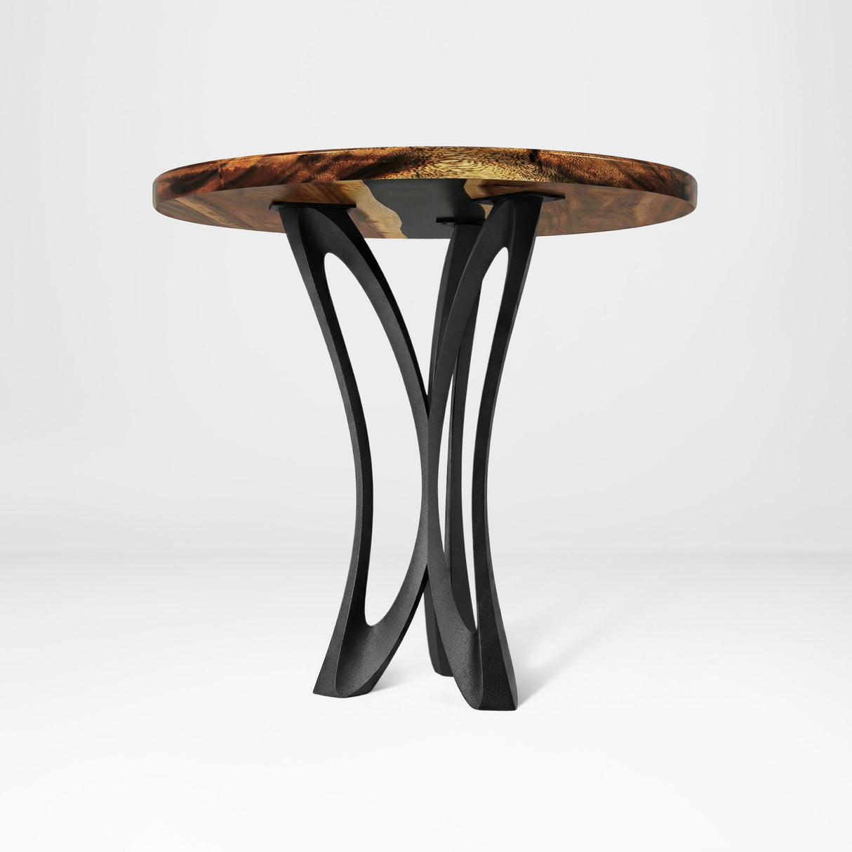 Counter Table Base 629 Monarch 36" H – sculptural parabolic pedestal base handcrafted from heavy-duty powder-coated steel in matte black. This high-capacity metal base (1,000 lbs) features a unique flared hourglass silhouette and a sturdy foundation, specifically engineered to support a heavy live-edge tabletop, stone slab, or kitchen island counter. A premium DIY steel table base and counter-height furniture foundation that brings a bold look to custom breakfast bars and modern commercial cafe spaces.