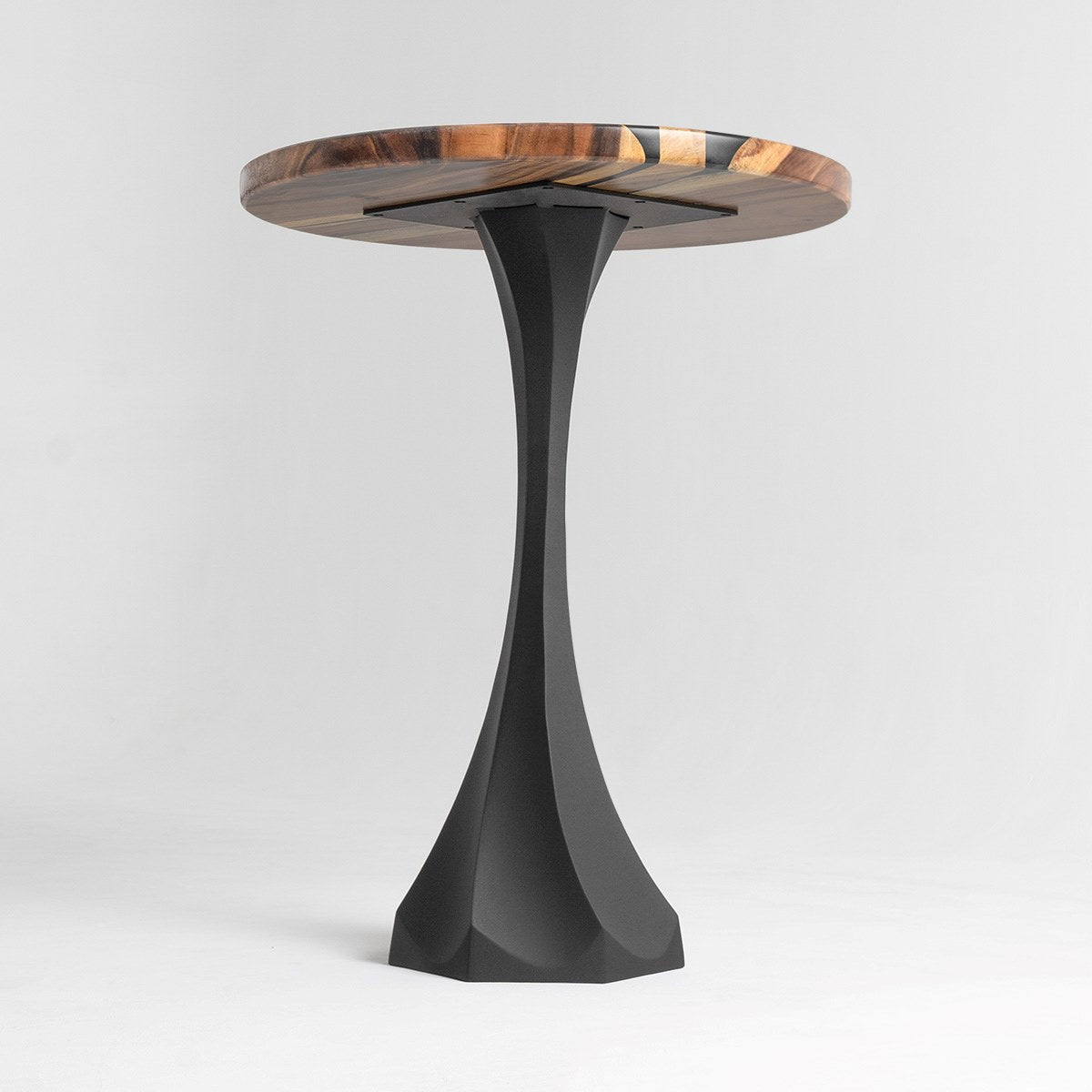 624 | 625 Lithe 36" H counter table with smooth black counter metal table legs and round wood top in minimalist design.