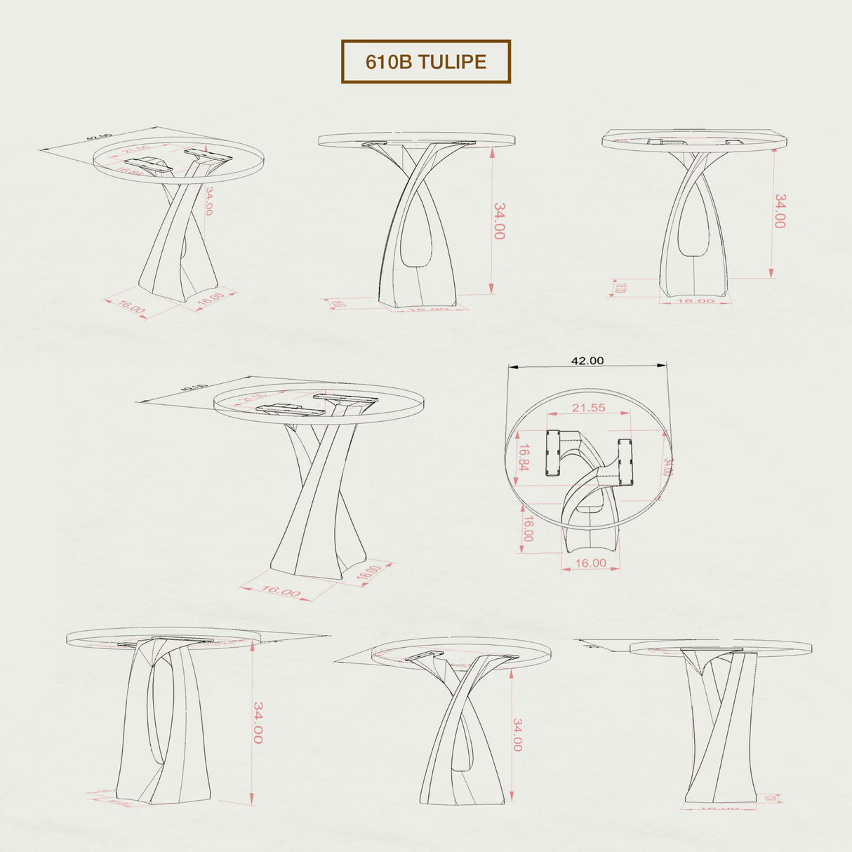Counter Table Base 610B Tulipe 34" H - Hand-drawn sketches showing design ideas for a counter table base metal in various views.