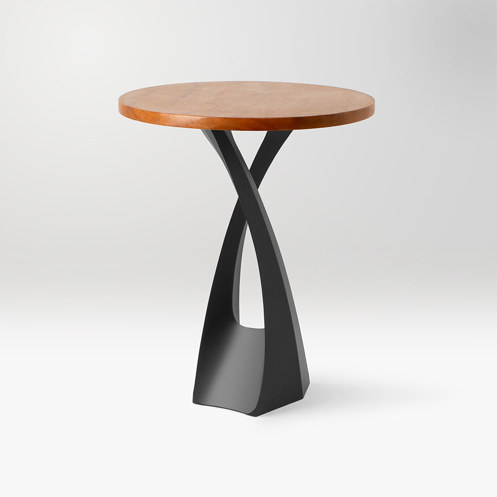 614 Tulipe 34" H metal counter table legs supporting a circular wooden tabletop, sleek design ideal as metal leg for counter table.