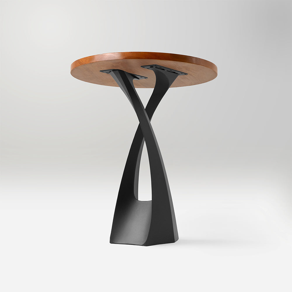 Angled view of 614 Tulipe 34" H counter table legs metal base with round wood top, elegant curved metal leg for counter table.