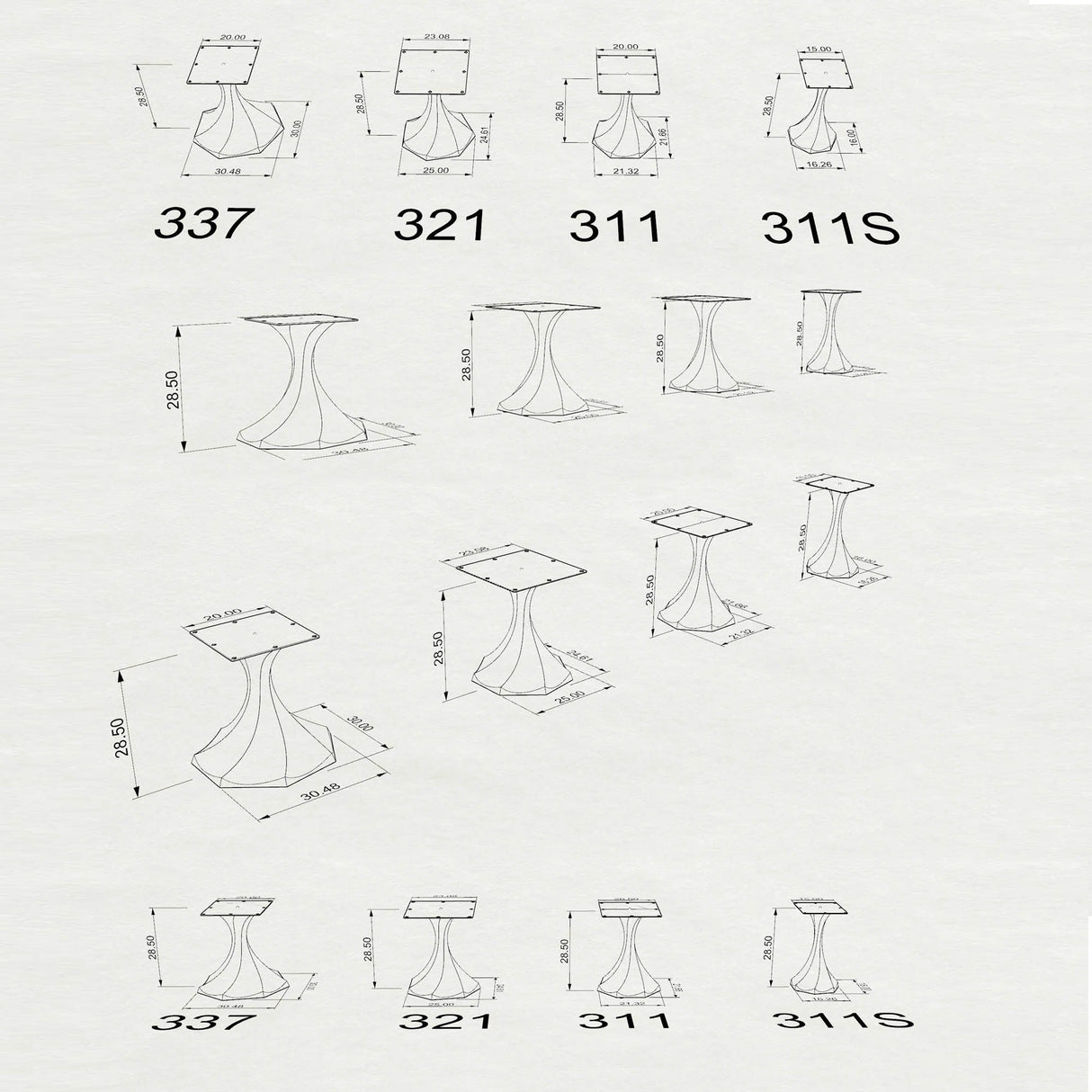 Technical drawings showing multiple perspectives of Lithe 36" H metal leg for counter table.