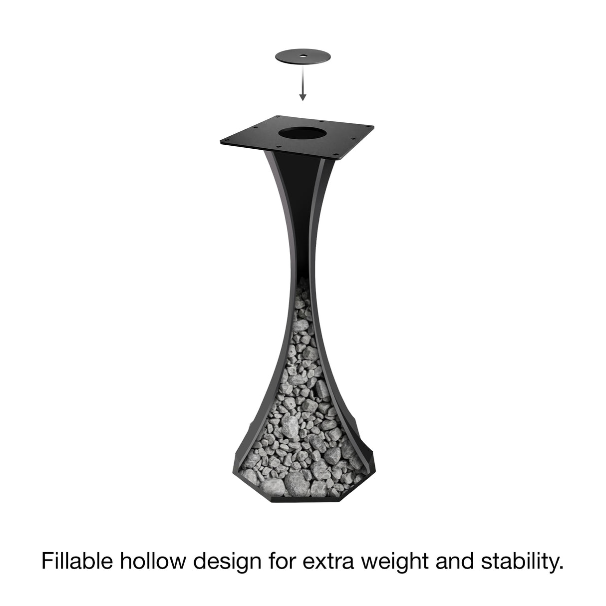 Black Metal Counter Table Base 624 & 625 Lithe 36" H – Minimalist pedestal counter-height table base featuring a sculptural, flowing silhouette handcrafted from heavy-duty powder-coated steel in matte black. These architectural metal counter-height bases provide an ultra-sturdy foundation (1,000 lbs capacity) available in 14.2"W (Model 624) or 21.3"W (Model 625) footprints. A premium DIY steel counter base engineered with a precision-drilled mounting plate to securely support a heavy live-edge tabletop, mar