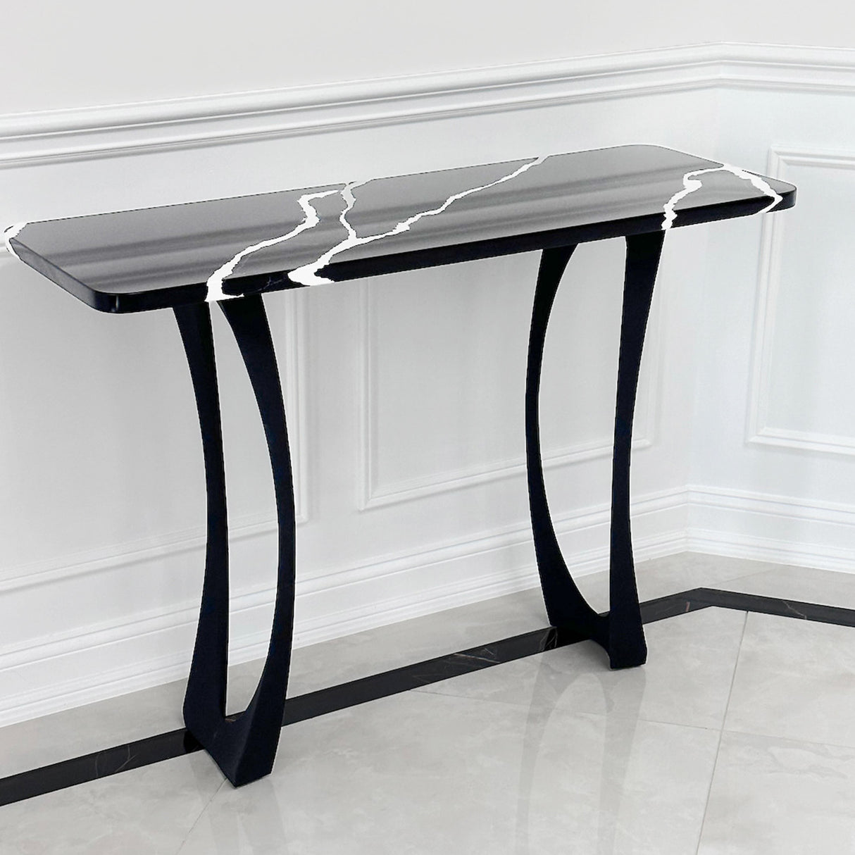 Black Metal Counter Base 603 Cleo 34.3" H – Scandinavian minimalist counter base set (2 pieces) handcrafted from heavy-duty powder-coated steel in matte black. These sculptural metal counter-height bases provide an ultra-sturdy foundation (1,000 lbs capacity; 9"L x 2.7"W). A premium DIY steel counter base engineered with a precision-drilled 11" x 4.3" mounting plate to securely support a heavy live-edge tabletop, marble slab, or wood counter top.