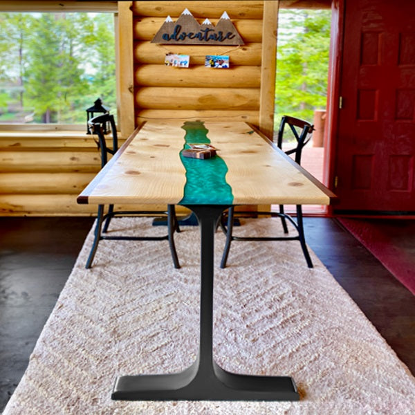 Wooden counter table with 613 Wineglass 34" H counter table legs metal used in a cozy kitchen or dining area.