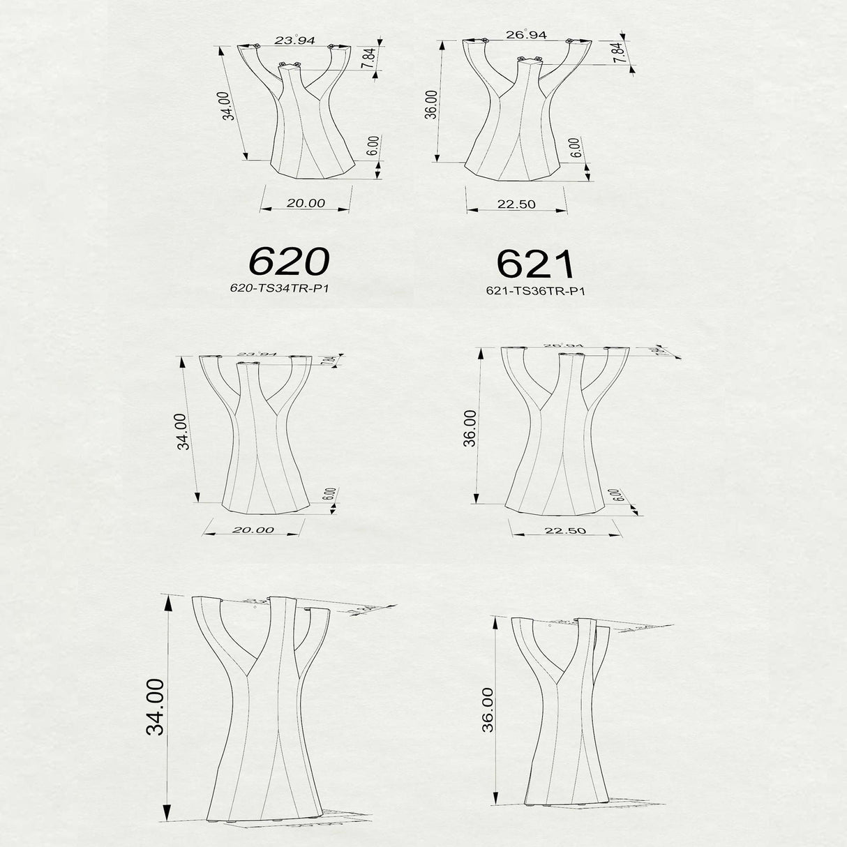 3D drawings of counter table legs 621 Ramo with measurements