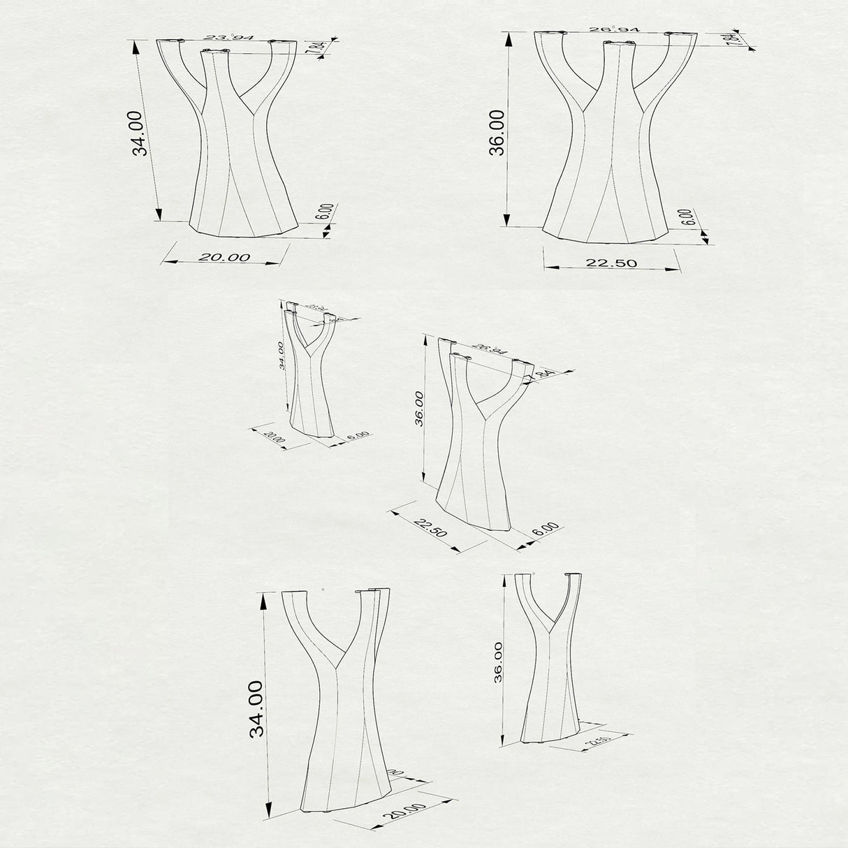 technical drawings of counter table legs 621 Ramo with measurements