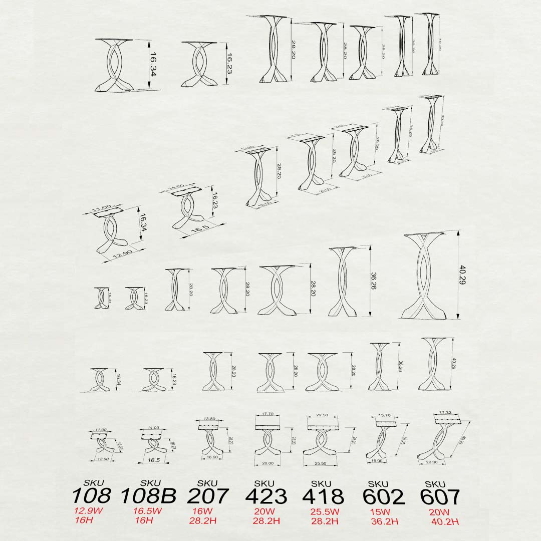 Technical drawings of 607 Curva 40.3" H counter metal table legs.