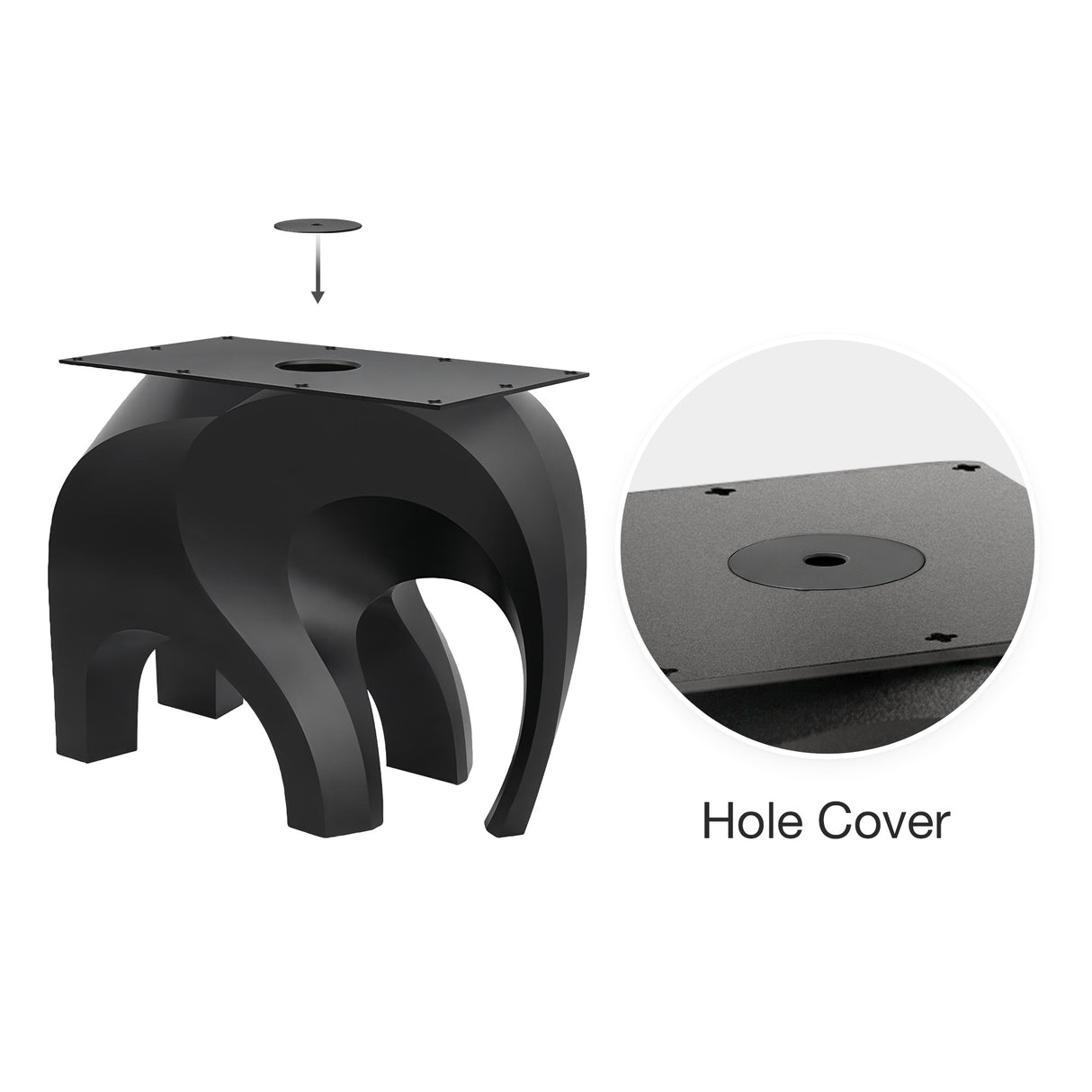Black Metal End Table Base 802S Elephas 20" H – Industrial-minimalist sculptural pedestal end table base featuring a iconic, biomorphic "elephant" silhouette handcrafted from heavy-duty powder-coated steel in matte black. This artisanal end table base provides an ultra-sturdy foundation (1,000 lbs capacity; 28.5"L x 12"W). A premium DIY steel side table base engineered with a precision-drilled 23.6" x 15.7" mounting plate to securely support a heavy live-edge tabletop, marble slab, or wood side table top.
