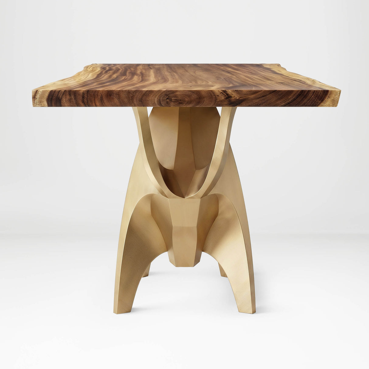 Gold Table Base 803 Bullos 28.5" H – luxury bull-inspired pedestal base handcrafted from stainless steel with a brushed gold finish. This sculptural metal base features powerful muscular curves and a wide sturdy foundation (1,000 lbs capacity), ideal for large custom dining tables or executive boardrooms. A premium DIY furniture base and heavy-duty steel table base designed for marble, glass, or wood tops in high-end modern interiors.