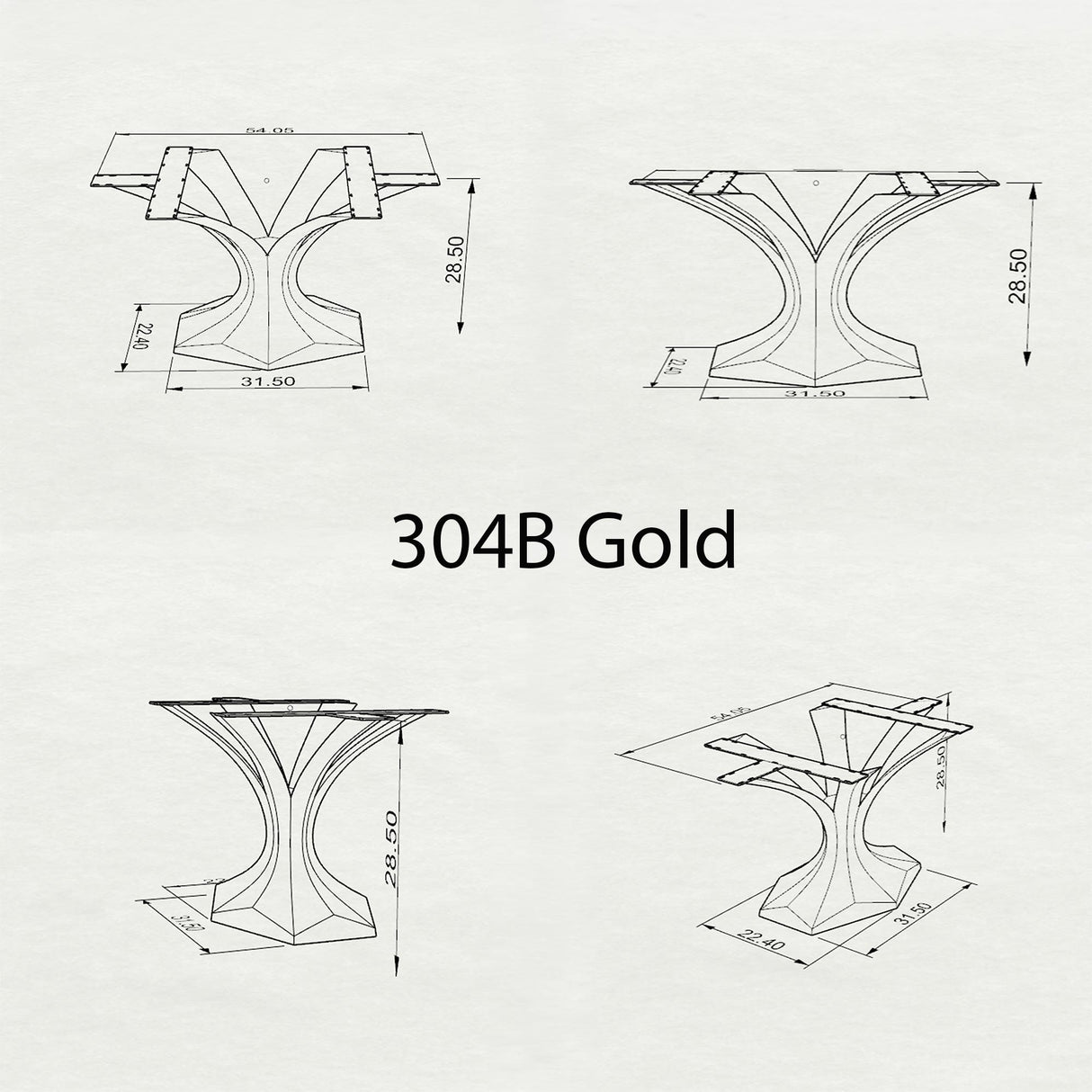 Brushed Gold Table Base 304 Dentro 28.5" H – contemporary Mid-Century modern pedestal base handcrafted from premium stainless steel in a luxurious brushed gold finish. This sculptural metal dining base provides an ultra-sturdy, single-piece strong foundation (1,000 lbs capacity; 31.5"L x 22.4"W). A high-end DIY steel table base and premium furniture foundation engineered to securely support a heavy live-edge tabletop, thick marble slab, or wood dining top.