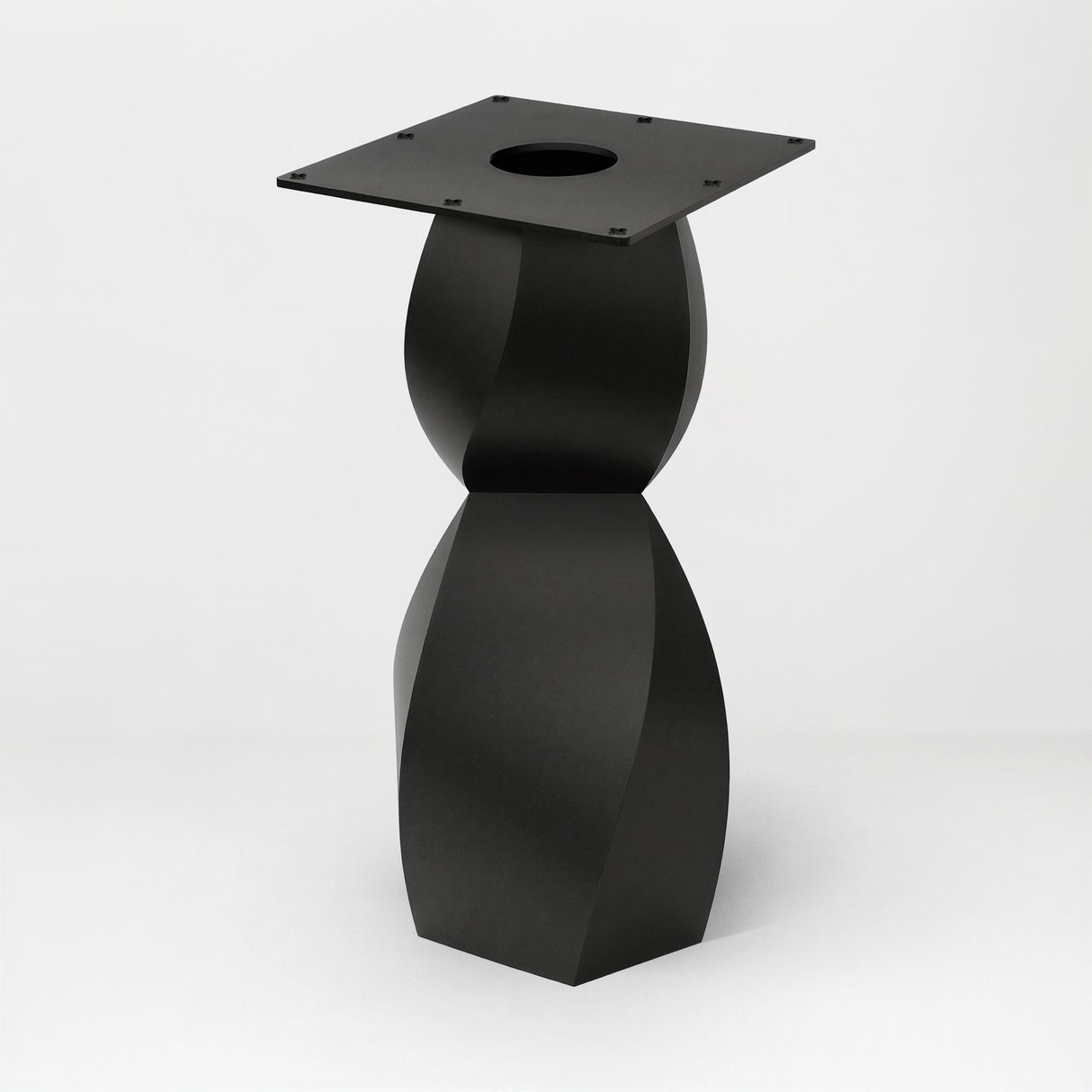 Metal Table Base 338 Eve 28.5" H – graceful and soft pedestal base handcrafted from heavy-duty powder-coated steel in matte black. This sculptural metal base features a compact, flowing curve design and a sturdy foundation (1,000 lbs capacity), specifically engineered to support a heavy live-edge tabletop, round wood top, or marble slab. A premium DIY steel table base and modern furniture foundation that brings a clean look and steady support to custom dining tables and cozy breakfast nooks.