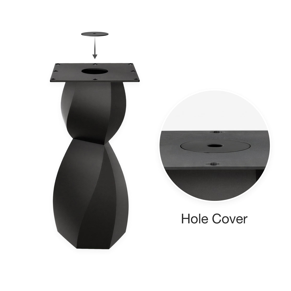 Metal Table Base 338 Eve 28.5" H – graceful and soft pedestal base handcrafted from heavy-duty powder-coated steel in matte black. This sculptural metal base features a compact, flowing curve design and a sturdy foundation (1,000 lbs capacity), specifically engineered to support a heavy live-edge tabletop, round wood top, or marble slab. A premium DIY steel table base and modern furniture foundation that brings a clean look and steady support to custom dining tables and cozy breakfast nooks.