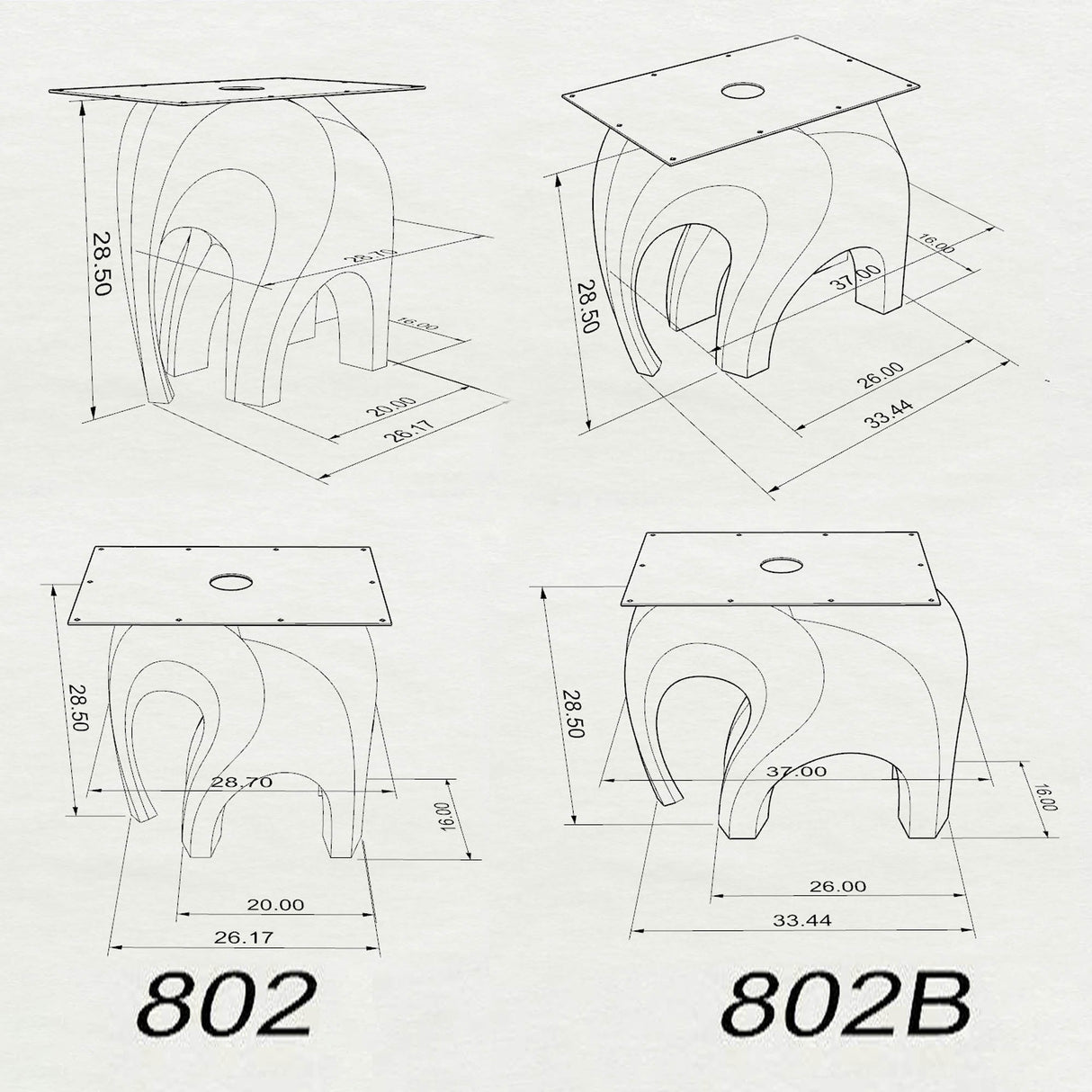 3D technical drawing of Metal Table Base 802 | 802B Elephas 28.5" H. Features a biomorphic elephant-inspired steel design in two sizes: Model 802 (20" L x 16" W) and Model 802B (26" L x 16" W).