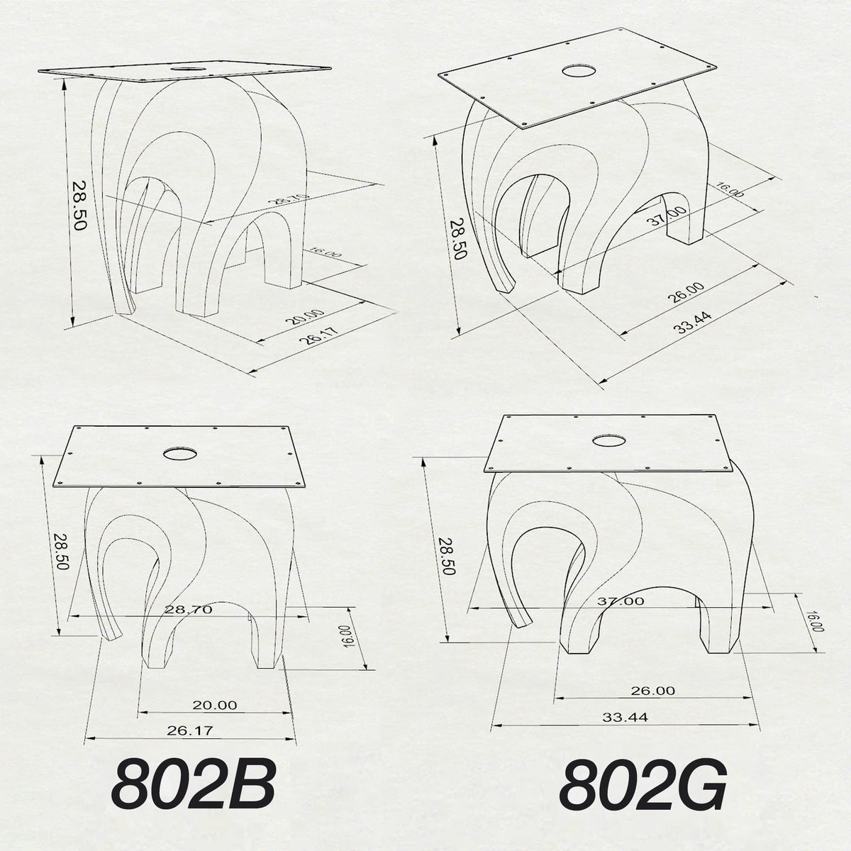 3D technical drawing of Metal Table Base 802 | 802B Elephas 28.5" H. Features a biomorphic elephant-inspired steel design in two sizes: Model 802 (20" L x 16" W) and Model 802B (26" L x 16" W).