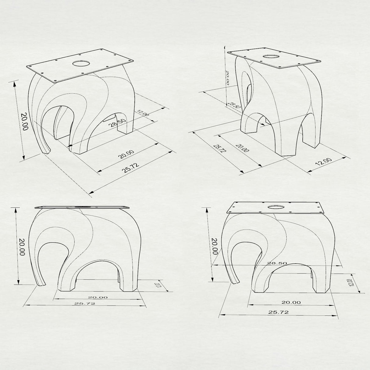 Metal End Table Base 802S Elephas 20" H – 3D technical drawing of an elephant-inspired powder-coated steel base for side tables and nightstands. Features a compact biomorphic design (20"L x 12"W x 20"H). Ideal for custom accent tables in modern, minimalist, or Scandinavian interiors, supporting wood, stone, or glass tops.