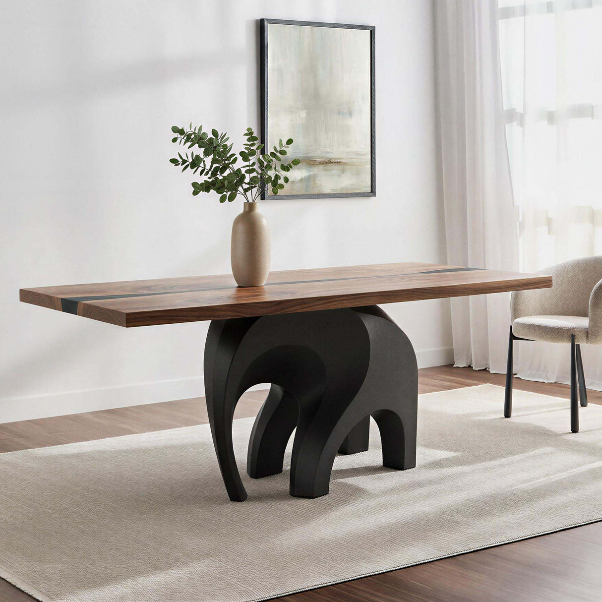 Metal Table Base 802B Elephas 28.5" H – elephant-inspired powder-coated steel base, ideal for custom dining tables or statement pieces. Biomorphic design suits modern and minimalist spaces, supporting wood, glass, or stone tops - interior