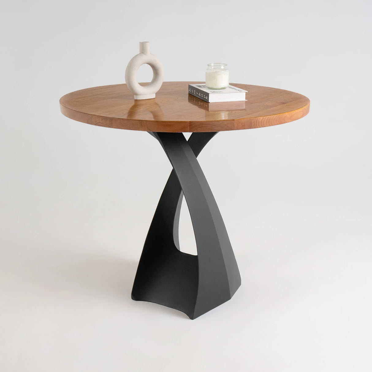 610B Tulipe 34" modern round wood counter table with a black counter metal table base featuring an elegant twisted design