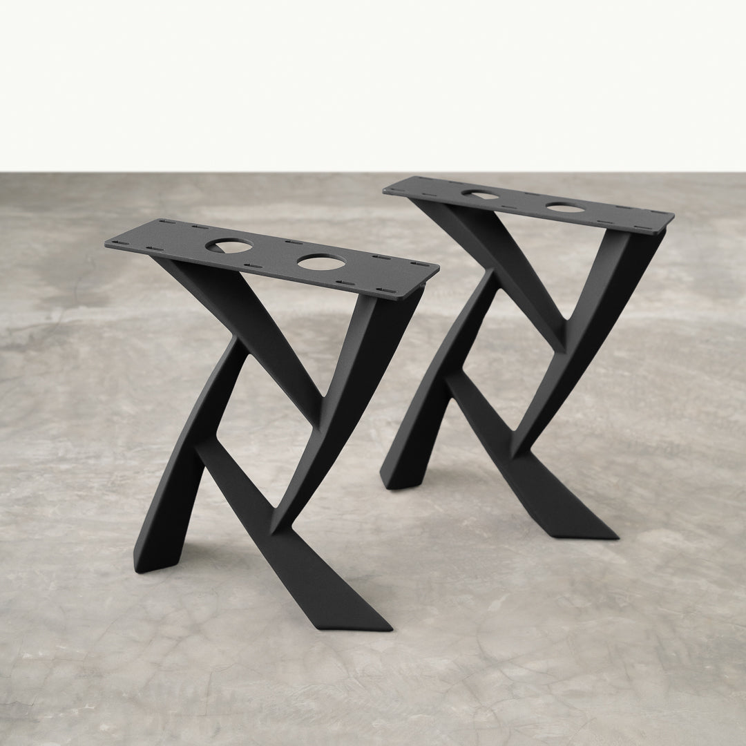 modern bench with black X frame metal legs - strong steel bench legs for dining or entryway seating