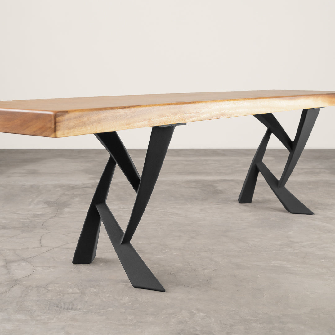 wood slab bench with industrial X style metal legs - heavy duty steel base for rustic design