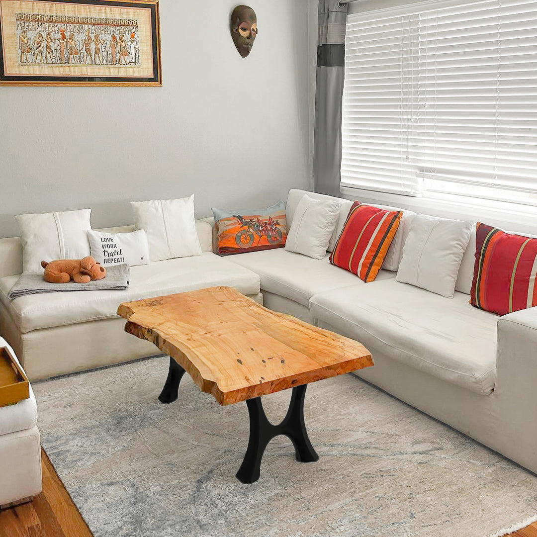 Natural wood bench top supported by Haru 103 steel bench legs in dining room