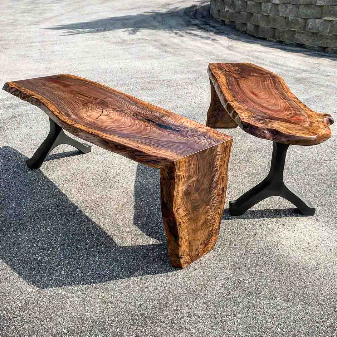 custom live edge wood bench with durable black wishbone table legs