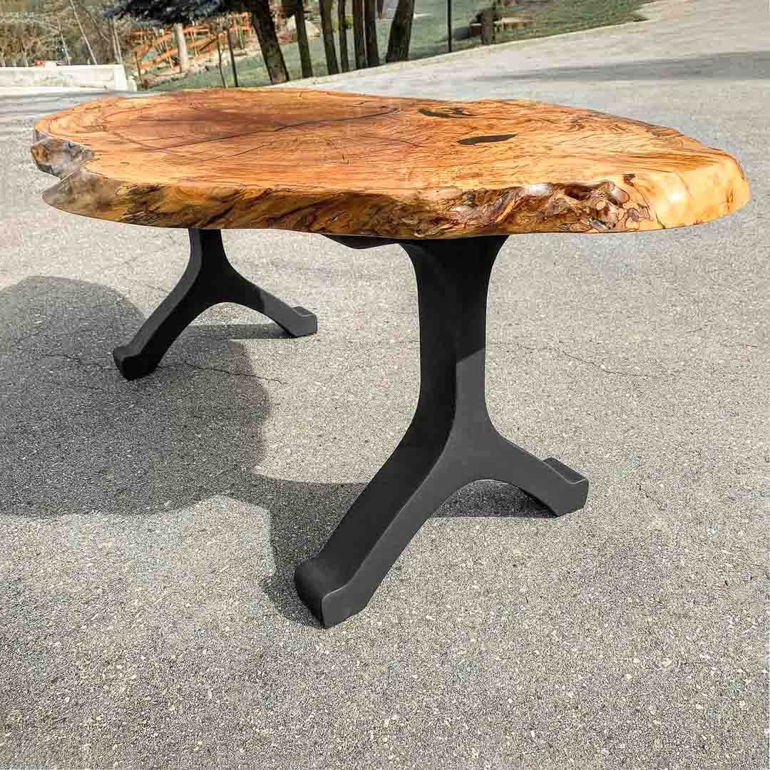live edge wood slab table with black wishbone metal legs