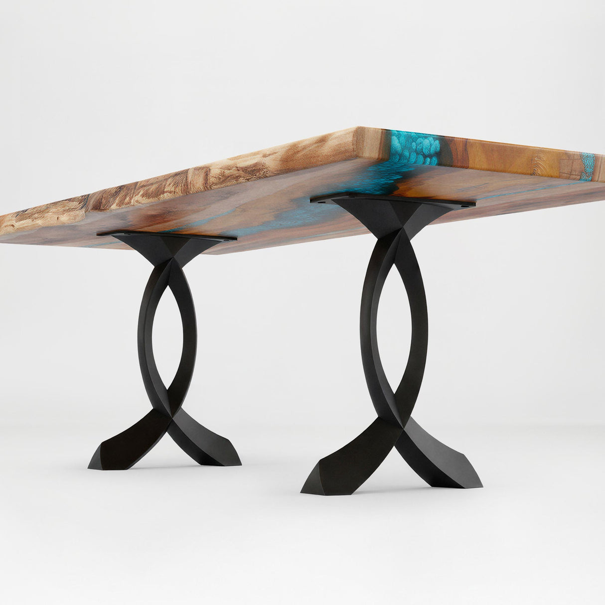 Front view of end table showing 219 Curva 20" H curved design end table legs metal under a smooth wood slab.