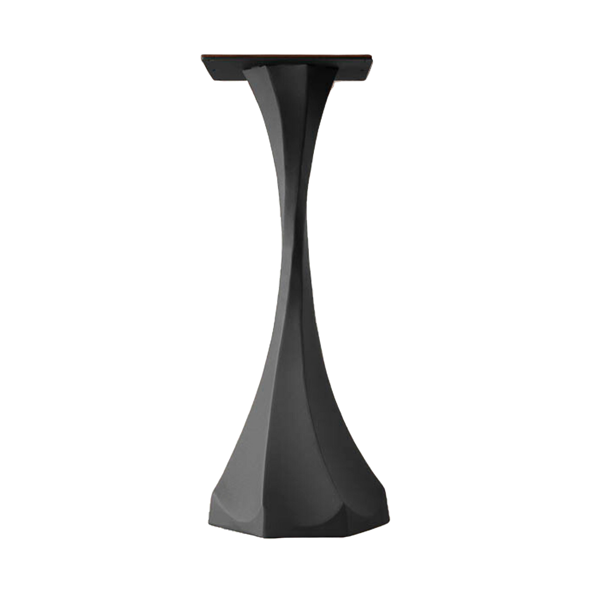 Close-up of 3D sculptural metal leg for counter table from the Lithe 36" H collection, matte black finish.