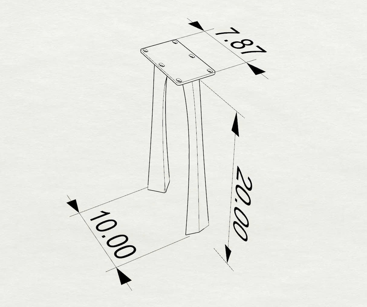 Technical drawing of a metal end table legs with dimensions