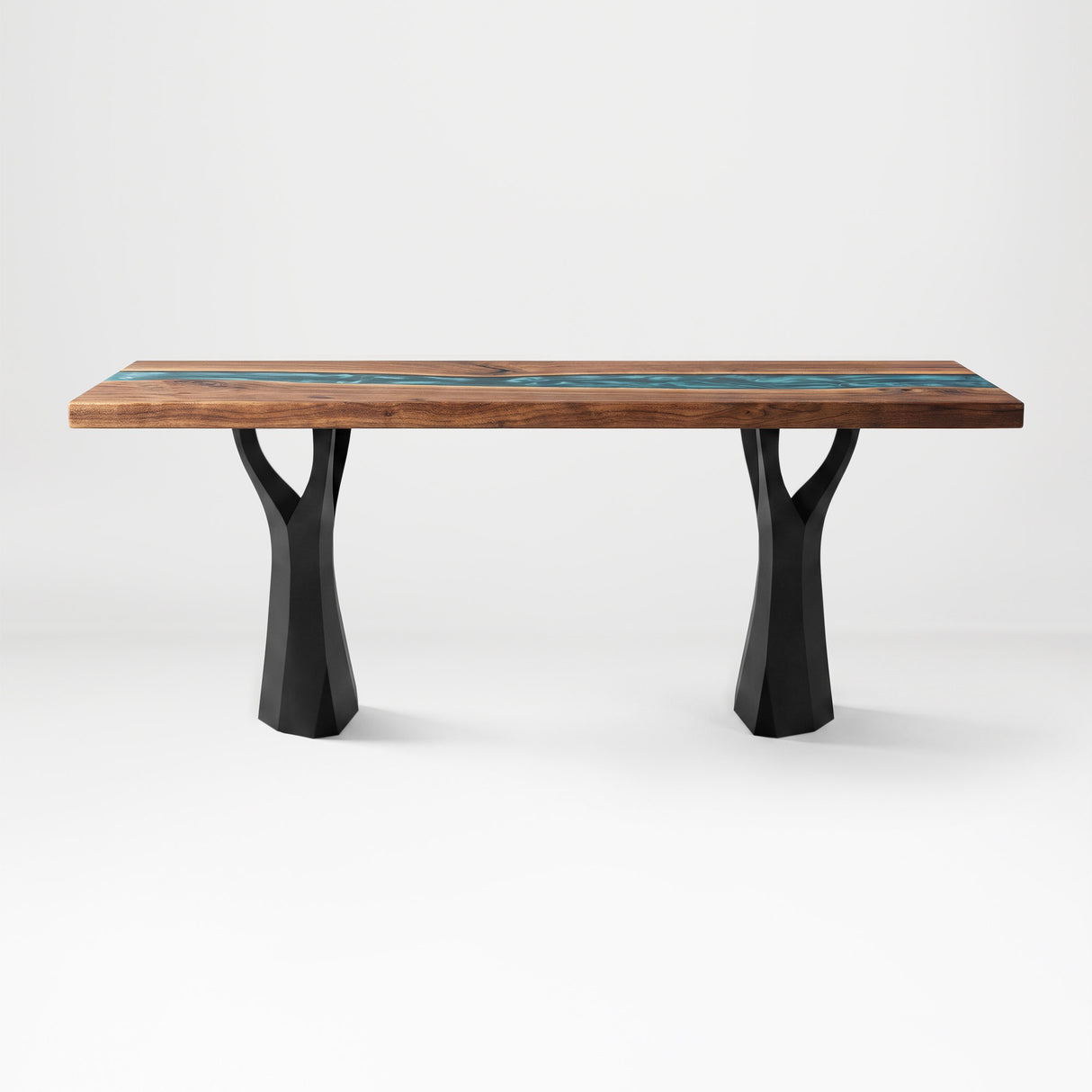 Black Metal Table Base 413 & 451 Ramo 28.2" H – Scandinavian-inspired pedestal table base featuring a distinct, organic branching silhouette handcrafted from heavy-duty powder-coated steel in matte black. These architectural metal dining bases provide an ultra-sturdy foundation (1,000 lbs capacity) available in 22.5"L (Model 413) or 18"L (Model 451) configurations. A premium DIY steel table base engineered with an expansive, precision-drilled mounting plate to securely support a heavy live-edge tabletop, ma